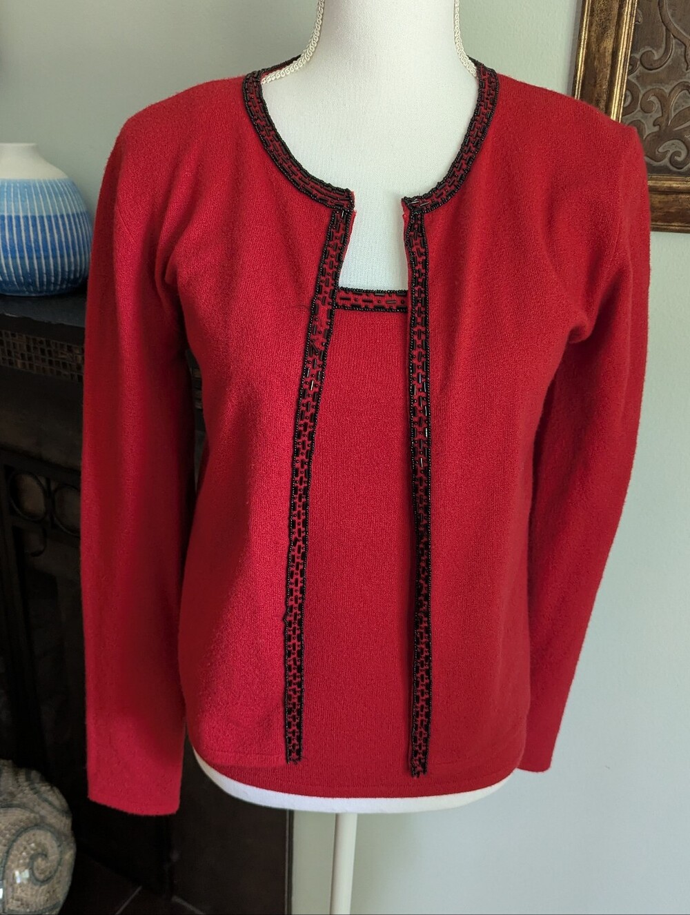 Vintage 90s Y2K Tank & Cardigan Set Red Black Beaded Trim Women's Small FLAW